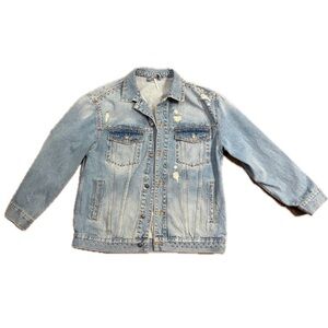 Free People Blue Distressed Denim Jean and Studded Jacket size M oversized